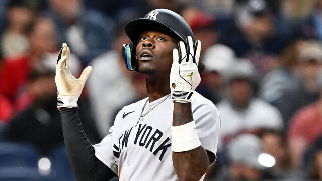 CLEVELAND, OHIO - APRIL 21: Jazz Chisholm Jr. #13 of the New York Yankees celebrates his two-run home run in the eighth inning against the Cleveland Guardians at Progressive Field on April 21, 2025 in Cleveland, Ohio.