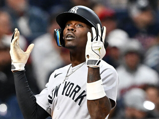 CLEVELAND, OHIO - APRIL 21: Jazz Chisholm Jr. #13 of the New York Yankees celebrates his two-run home run in the eighth inning against the Cleveland Guardians at Progressive Field on April 21, 2025 in Cleveland, Ohio.