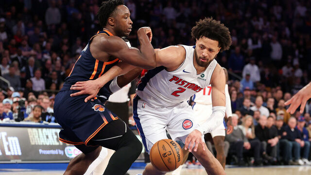 NEW YORK, NEW YORK - APRIL 21: Cade Cunningham #2 of the Detroit Pistons drives to the basket against OG Anunoby #8 of the New York Knicks during the fourth quarter in Game Two of the Eastern Conference First Round NBA Playoffs at Madison Square Garden on April 21, 2025 in New York City.
