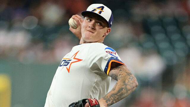 HOUSTON, TEXAS - APRIL 21: Hunter Brown #58 of the Houston Astros pitches during the first inning against the Toronto Blue Jays at Daikin Park on April 21, 2025 in Houston, Texas.