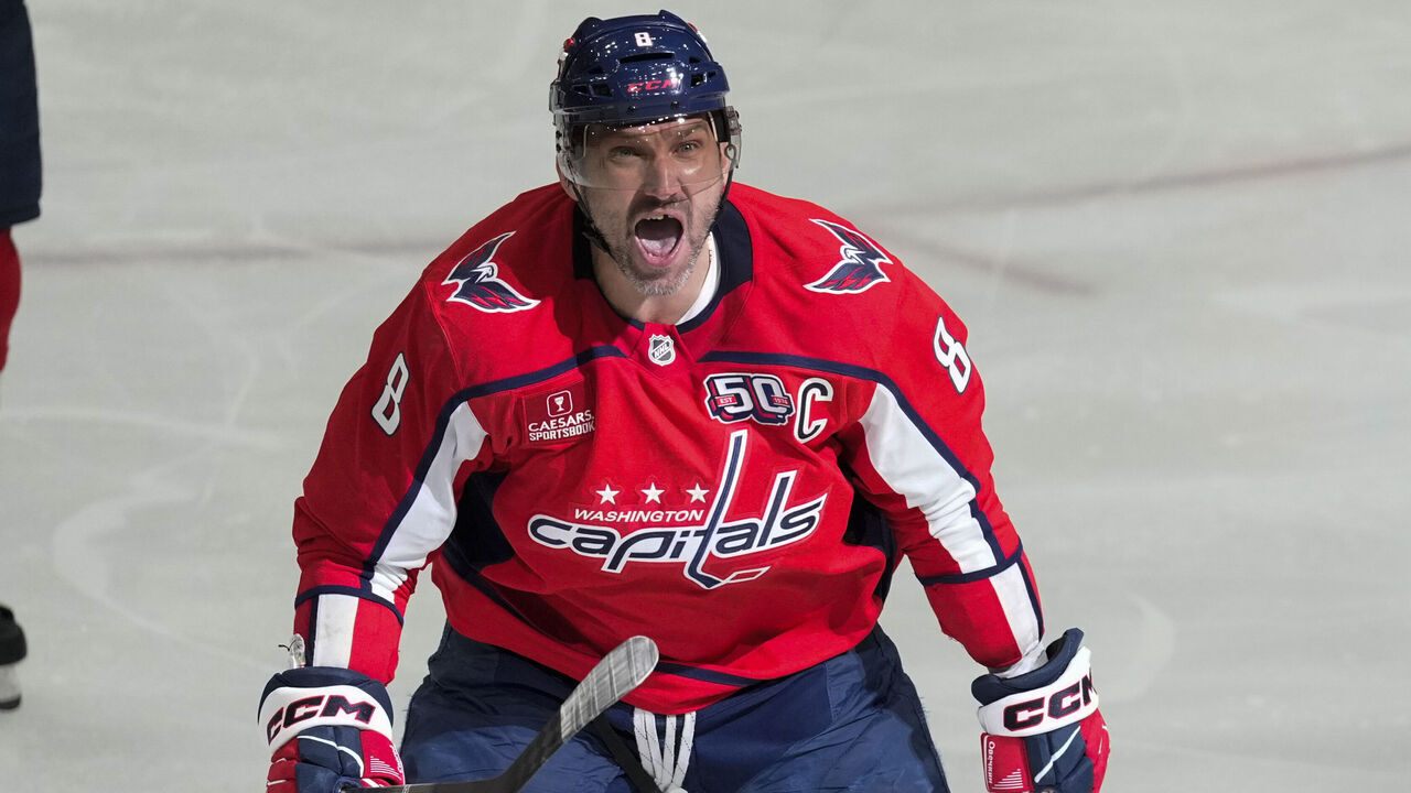 WASHINGTON, DC - APRIL 21: Alex Ovechkin #8 of the Washington Capitals celebrates after scoring the game winning goal against the Montreal Canadiens during overtime of Game One of the First Round of the 2025 Stanley Cup Playoffs at Capital One Arena on April 21, 2025 in Washington, D.C.