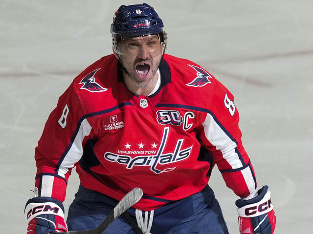 WASHINGTON, DC - APRIL 21: Alex Ovechkin #8 of the Washington Capitals celebrates after scoring the game winning goal against the Montreal Canadiens during overtime of Game One of the First Round of the 2025 Stanley Cup Playoffs at Capital One Arena on April 21, 2025 in Washington, D.C.