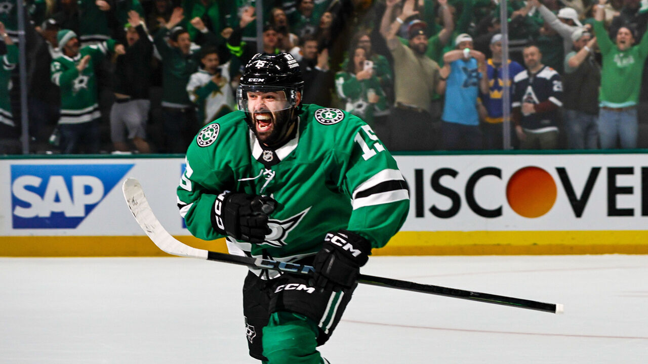 DALLAS, TX - APRIL 21: Dallas Stars center Colin Blackwell (15) celebrates scoring the winning goal in overtime during game 2 of the first round of the Stanley Cup Playoffs between the Dallas Stars and the Colorado Avalanche on April 21, 2025 at American Airlines Center in Dallas, Texas.