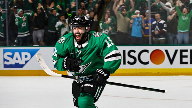DALLAS, TX - APRIL 21: Dallas Stars center Colin Blackwell (15) celebrates scoring the winning goal in overtime during game 2 of the first round of the Stanley Cup Playoffs between the Dallas Stars and the Colorado Avalanche on April 21, 2025 at American Airlines Center in Dallas, Texas.