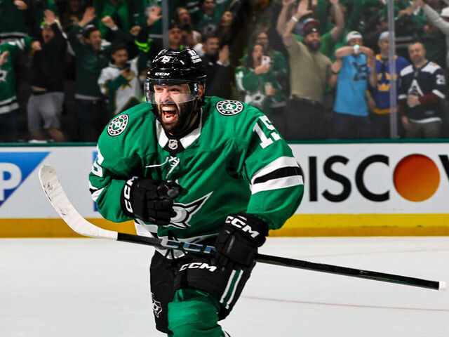 DALLAS, TX - APRIL 21: Dallas Stars center Colin Blackwell (15) celebrates scoring the winning goal in overtime during game 2 of the first round of the Stanley Cup Playoffs between the Dallas Stars and the Colorado Avalanche on April 21, 2025 at American Airlines Center in Dallas, Texas.