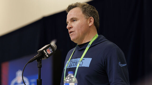 INDIANAPOLIS, INDIANA - FEBRUARY 25: General manager Mike Borgonzi of the Tennessee Titans speaks at the podium during the 2025 NFL Combine at the Indiana Convention Center on February 25, 2025 in Indianapolis, Indiana.
