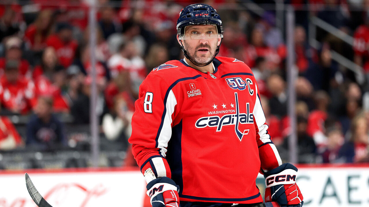 WASHINGTON, DC - APRIL 21: Alex Ovechkin #8 of the Washington Capitals looks on against the Montreal Canadiens during the second period in Game One of the First Round of the 2025 Stanley Cup Playoffs at Capital One Arena on April 21, 2025 in Washington, DC.