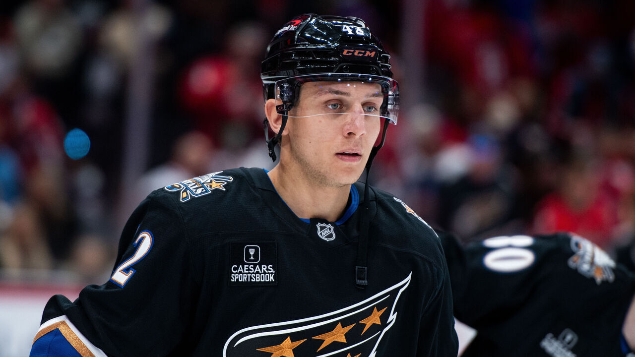 WASHINGTON, DC - APRIL 13: Martin Fehervary #42 of the Washington Capitals warms up at Capital One Arena on April 13, 2025 in Washington, DC.
