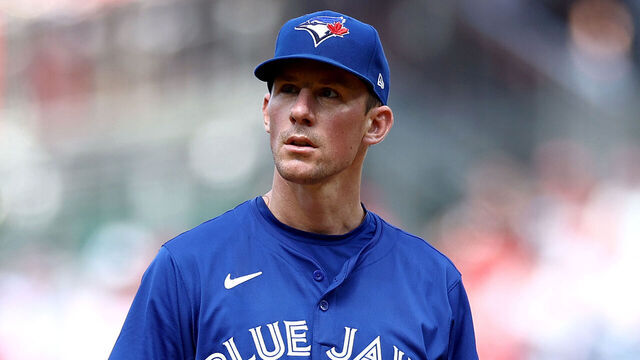 PHILADELPHIA, PENNSYLVANIA - MAY 08: Chris Bassitt #40 of the Toronto Blue Jays looks on during the sixth inning against the Philadelphia Phillies at Citizens Bank Park on May 08, 2024 in Philadelphia, Pennsylvania.