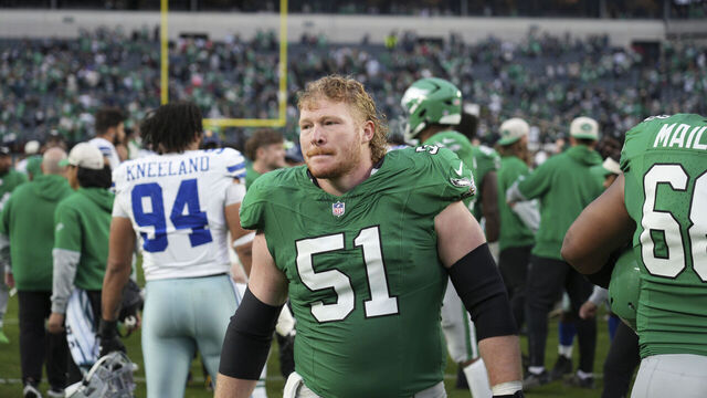 PHILADELPHIA, PA - DECEMBER 29: Philadelphia Eagles center Cam Jurgens (51) looks on during the game between the Philadelphia Eagles and the Dallas Cowboys on December 29, 2024 at Lincoln Financial Field in Philadelphia, PA.