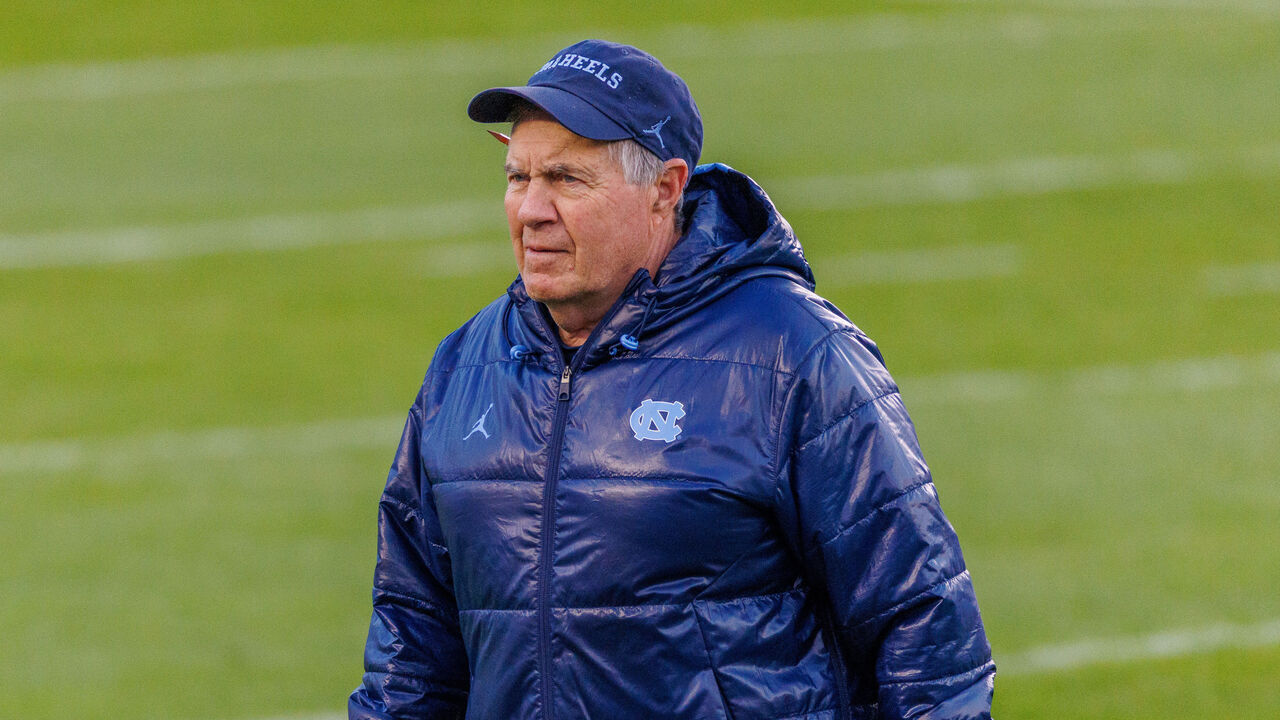 CHAPEL HILL, NORTH CAROLINA - APRIL 12: Head coach Bill Belichick of the North Carolina Tar Heels coaches at Kenan Stadium on April 12, 2025 in Chapel Hill, North Carolina.