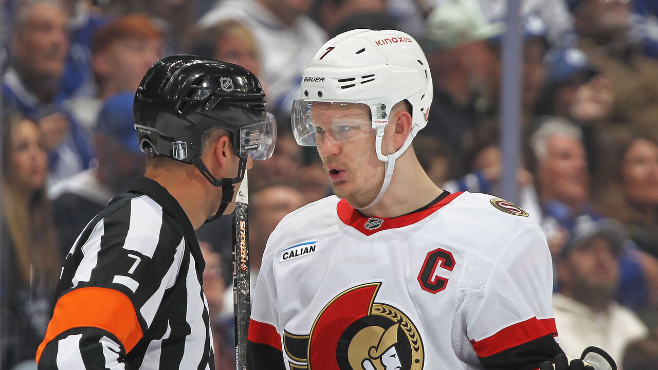 TORONTO, CANADA - APRIL 20: Brady Tkachuk #7 of the Ottawa Senators questions a call by referee Garrett Rank #7 during action against the Toronto Maple Leafs during the second period in Game One of the First Round of the 2025 Stanley Cup Playoffs at Scotiabank Arena on April 20, 2025 in Toronto, Ontario, Canada.
