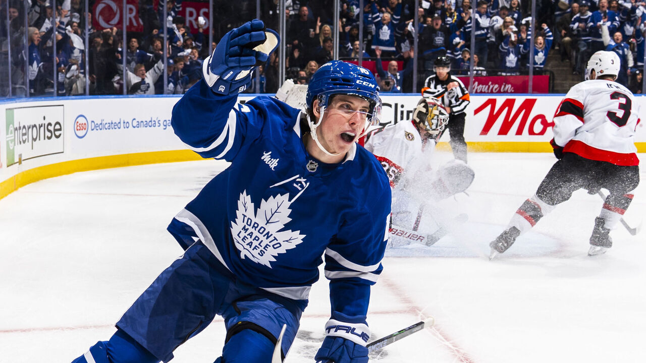 TORONTO, ON - APRIL 20: Mitch Marner #16 of Toronto Maple Leafs celebrates his goal against the Ottawa Senators during the first period in Game One of the First Round of the 2025 Stanley Cup Playoffs against the Ottawa Senators at the Scotiabank Arena on April 20, 2025 in Toronto, Ontario, Canada.