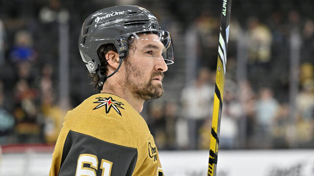 LAS VEGAS, NEVADA - APRIL 10: Mark Stone #61 of the Vegas Golden Knights warms up prior to the game against the Seattle Kraken at T-Mobile Arena on April 10, 2025 in Las Vegas, Nevada.