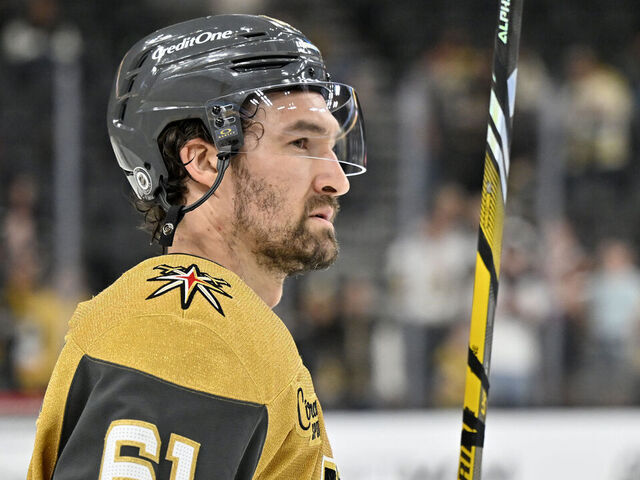 LAS VEGAS, NEVADA - APRIL 10: Mark Stone #61 of the Vegas Golden Knights warms up prior to the game against the Seattle Kraken at T-Mobile Arena on April 10, 2025 in Las Vegas, Nevada.