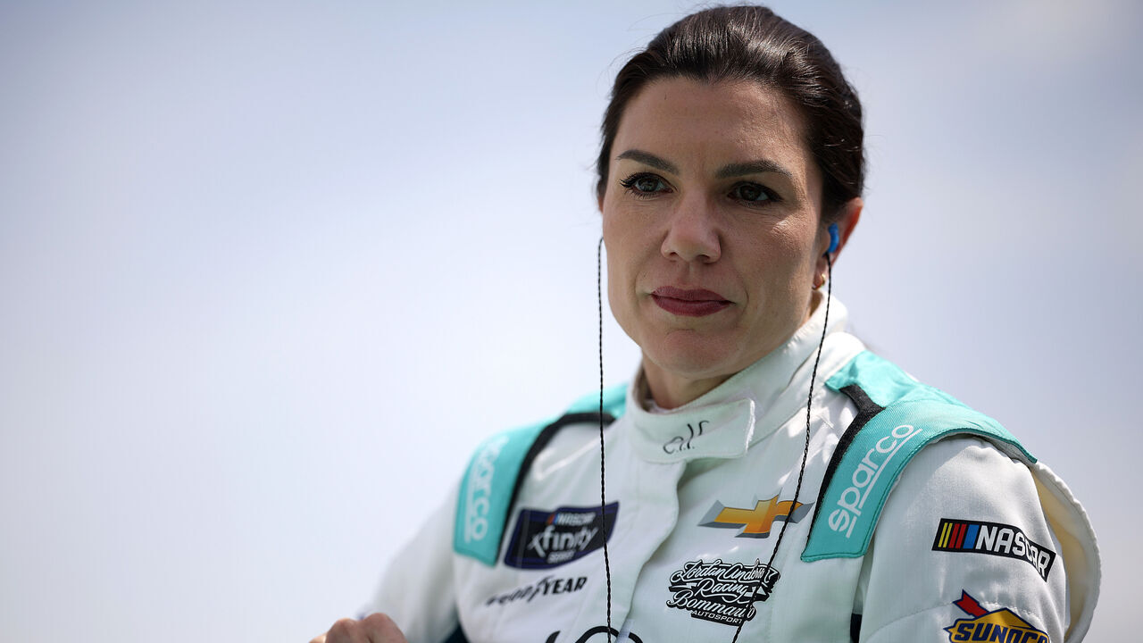 ROCKINGHAM, NORTH CAROLINA - APRIL 19: Katherine Legge, driver of the #32 e.l.f. Cosmetics Chevrolet, looks on during qualifying for the NASCAR Xfinity Series North Carolina Education Lottery 250 presented by Black’s Tire at Rockingham Speedway on April 19, 2025 in Rockingham, North Carolina.
