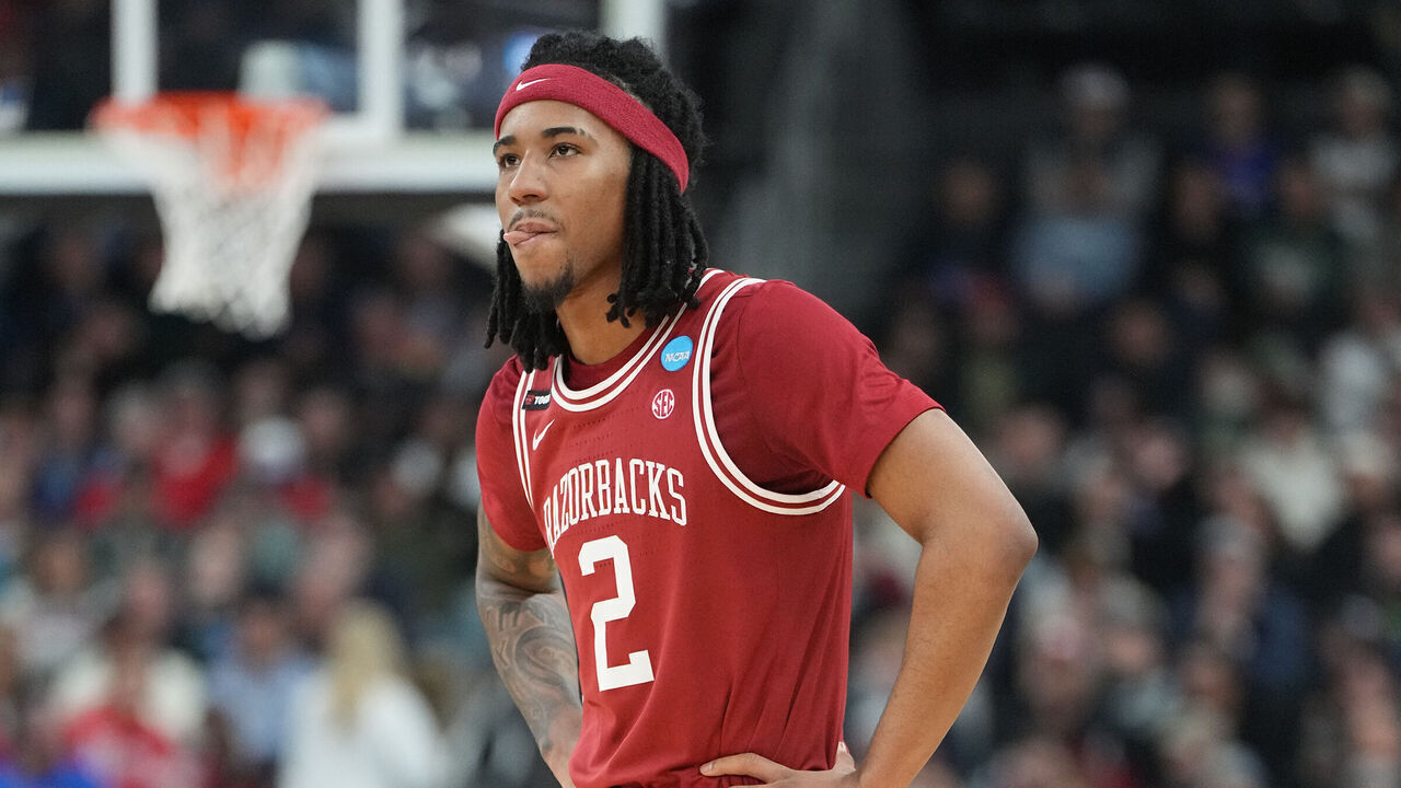 PROVIDENCE, RHODE ISLAND - MARCH 20: Boogie Fland #2 of the Arkansas Razorbacks looks on during a first-round game against the Kansas Jayhawks in the NCAA Men's Basketball Tournament at Amica Mutual Pavillion on March 20, 2025 in Providence, Rhode Island.