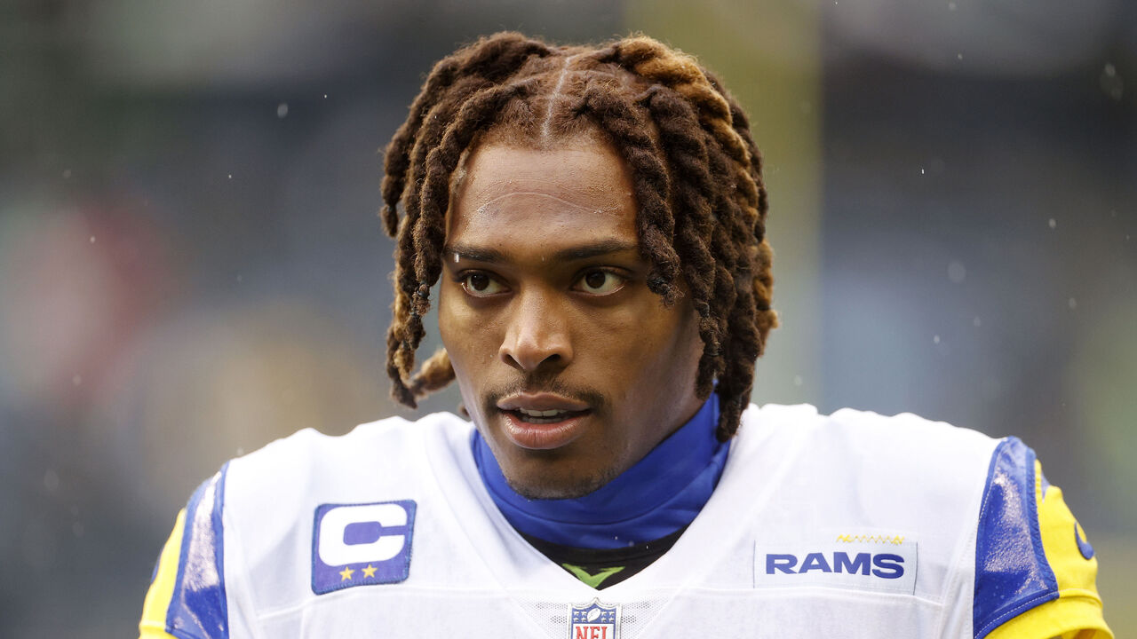 SEATTLE, WASHINGTON - JANUARY 08: Jalen Ramsey #5 of the Los Angeles Rams warms up before the game against the Seattle Seahawks at Lumen Field on January 08, 2023 in Seattle, Washington.