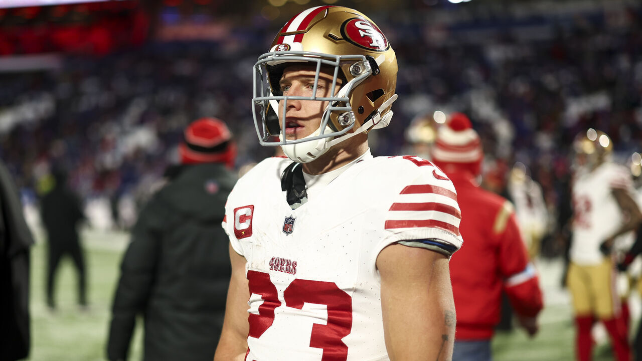 ORCHARD PARK, NEW YORK - DECEMBER 1: Christian McCaffrey #23 of the San Francisco 49ers looks on prior to an NFL football game against the Buffalo Bills at Highmark Stadium on December 1, 2024 in Orchard Park, New York.
