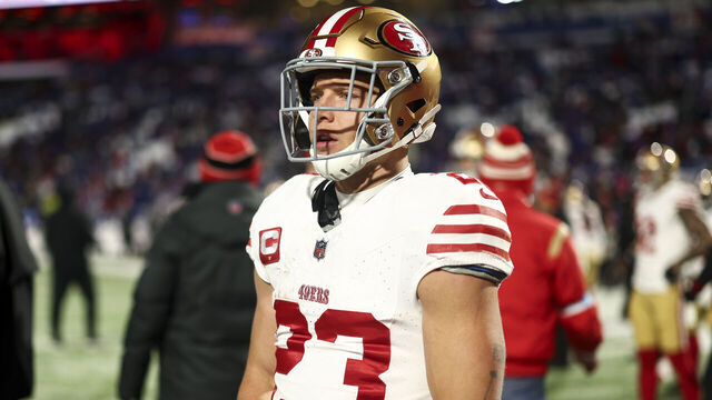 ORCHARD PARK, NEW YORK - DECEMBER 1: Christian McCaffrey #23 of the San Francisco 49ers looks on prior to an NFL football game against the Buffalo Bills at Highmark Stadium on December 1, 2024 in Orchard Park, New York.