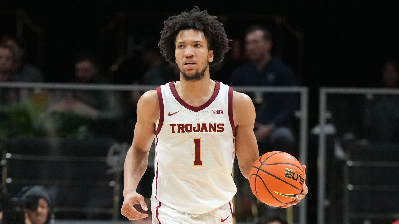 LAS VEGAS, NV - APRIL 03: Desmond Claude #1 of the USC Trojans handles the ball during the quarterfinal round of the Crown College Basketball Championship against the Villanova Wildcats at the MGM Grand Garden Arena on April 03, 2025 in Las Vegas, Nevada.