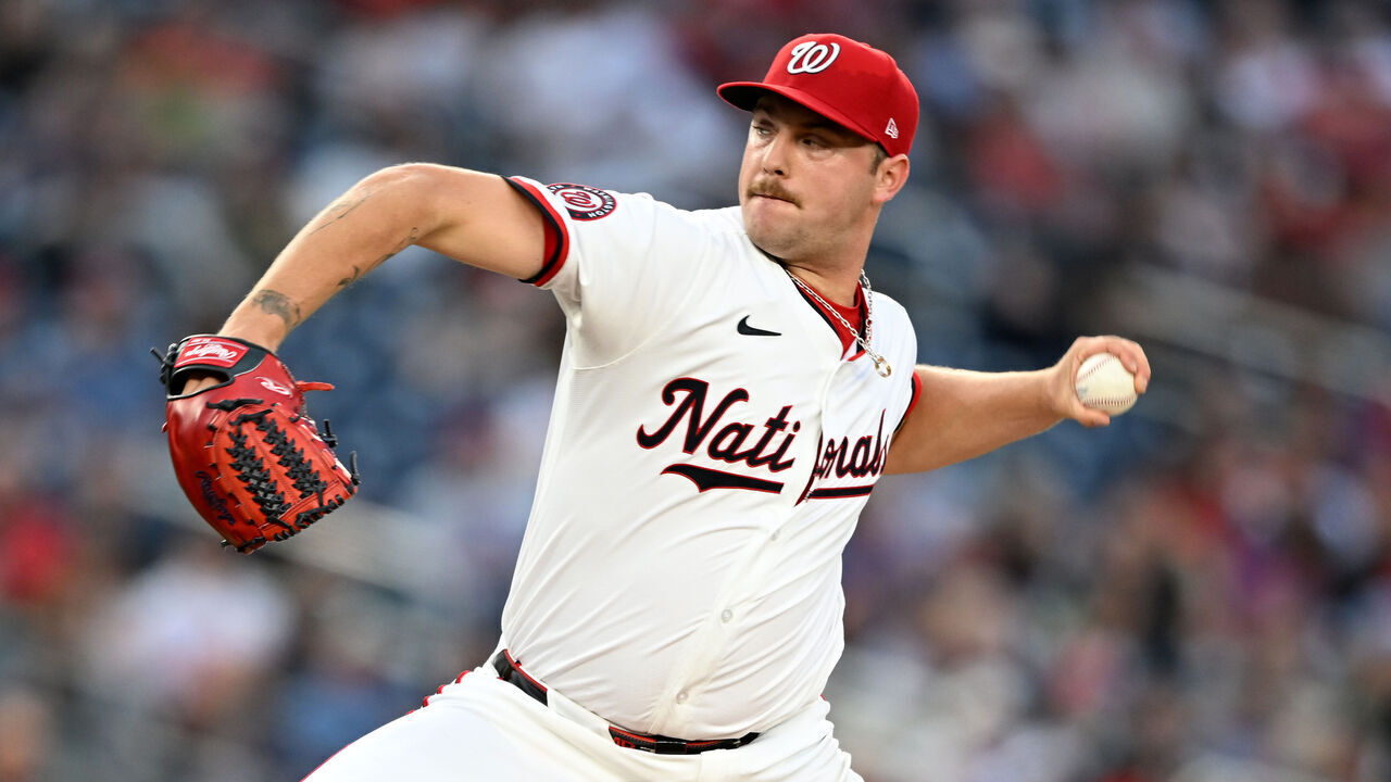 WASHINGTON, DC - APRIL 22: Mitchell Parker #70 of the Washington Nationals pitches in the third inning against the Baltimore Orioles at Nationals Park on April 22, 2025 in Washington, DC.