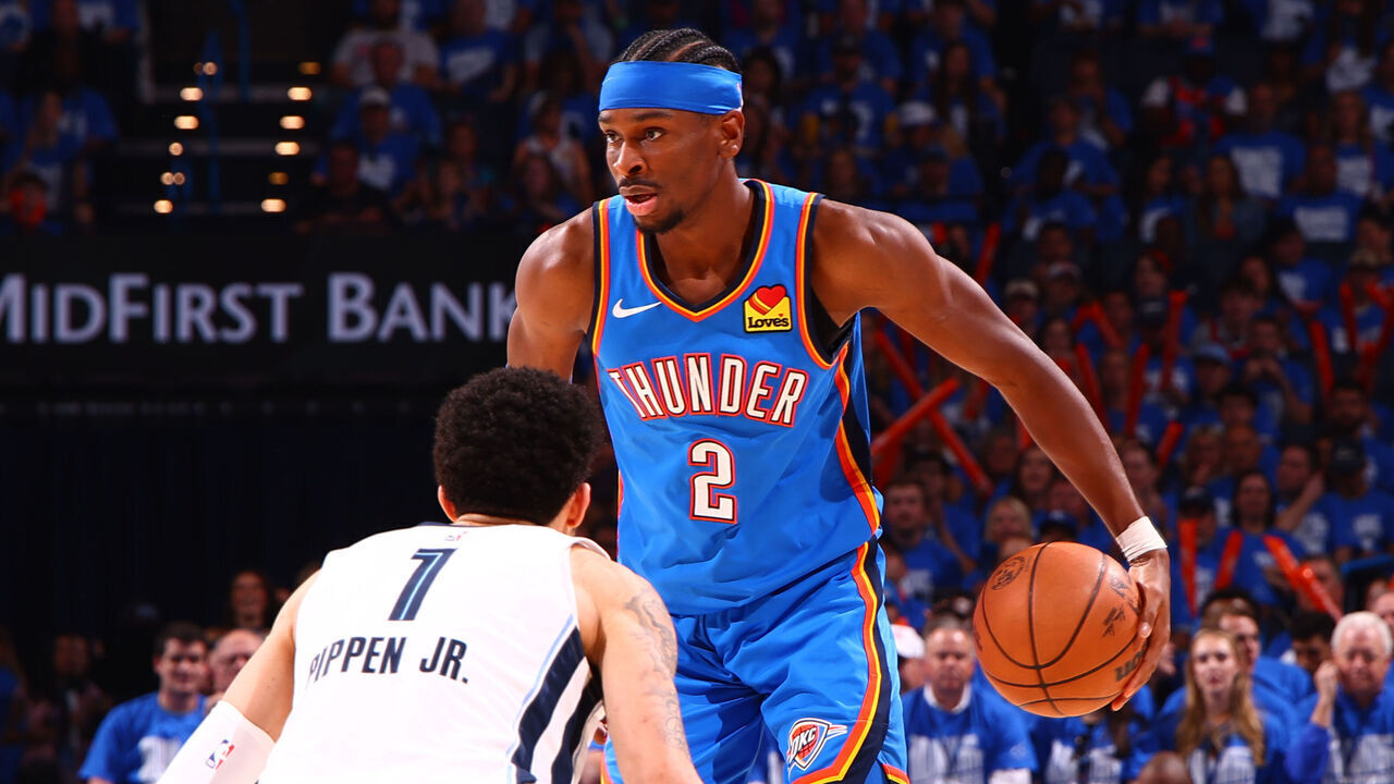 OKLAHOMA CITY, OK - APRIL 22: Shai Gilgeous-Alexander #2 of the Oklahoma City Thunder dribbles the ball during the game against the Memphis Grizzlies during round 1 game 2 of the 2025 NBA Playoffs on April 22, 2025 at Paycom Center in Oklahoma City, Oklahoma. Mandatory Copyright Notice: Copyright 2025 NBAE