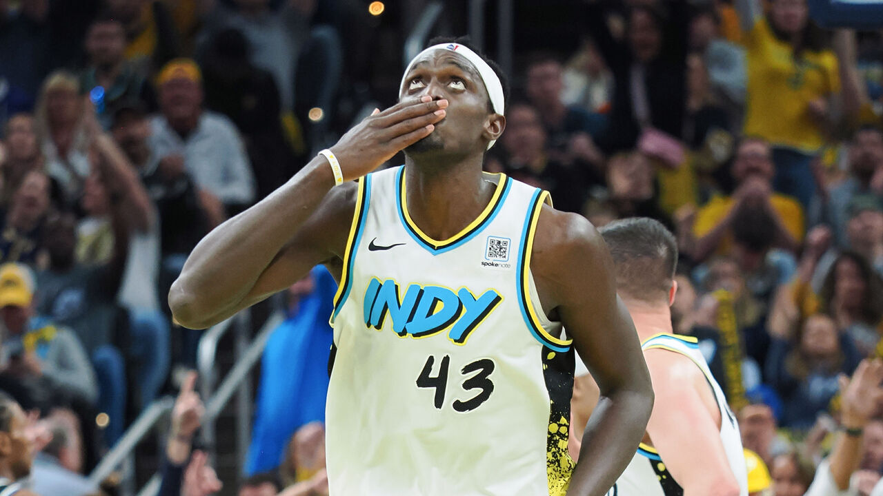 INDIANAPOLIS, IN - APRIL 22: Pascal Siakam #43 of the Indiana Pacers celebrates during the game against the Milwaukee Bucks during Round One Game Two of the 2025 NBA Playoffs on April 22, 2025 at Gainbridge Fieldhouse in Indianapolis, Indiana. Mandatory Copyright Notice: Copyright 2025 NBAE