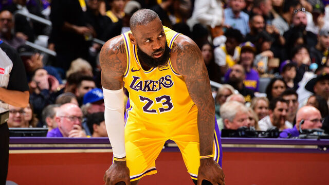 LOS ANGELES, CA - APRIL 22: LeBron James #23 of the Los Angeles Lakers looks on during the game against the Minnesota Timberwolves during Round 1 Game 2 of the 2025 NBA Playoffs on April 22, 2025 at Crypto.Com Arena in Los Angeles, California. NOTE TO USER: User expressly acknowledges and agrees that, by downloading and/or using this Photograph, user is consenting to the terms and conditions of the Getty Images License Agreement. Mandatory Copyright Notice: Copyright 2025 NBAE