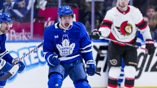 TORONTO, ON - APRIL 22: Max Domi #11 of the Toronto Maple Leafs celebrates scoring an overtime winning goal with his teammates during Game Two of the First Round of the 2025 Stanley Cup Playoffs against the Ottawa Senators at the Scotiabank Arena on April 22, 2025 in Toronto, Ontario, Canada.