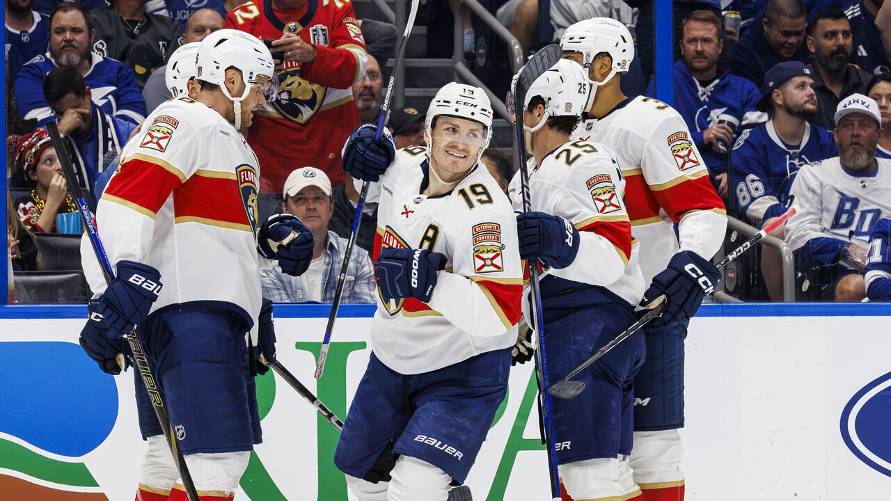 TAMPA, FL - APRIL 22: Matthew Tkachuk #19 of the Florida Panthers celebrates a goal against the Tampa Bay Lightning of Game One of the First Round of the 2025 Stanley Cup Playoffs at Amalie Arena on April 22, 2025 in Tampa, Florida.
