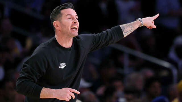LOS ANGELES, CA - APRIL 22: Los Angeles Lakers head coach JJ Redick yells out to his players from the sidelines during the first quarter of an NBA playoff game against the Minnesota Timberwolves at Crypto.com Arena on Tuesday, April 22, 2025 in Los Angeles, CA.(Robert Gauthier / Los Angeles Times via Getty Images)