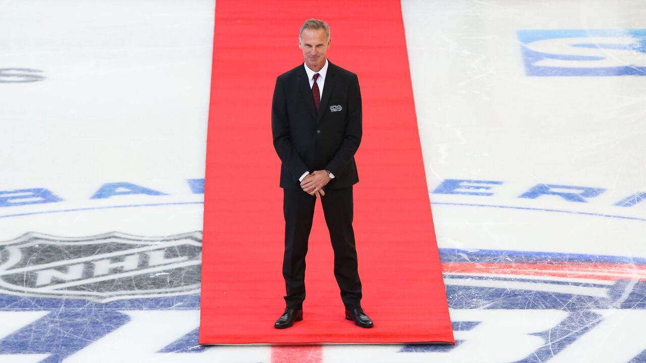 PRAGUE, CZECH REPUBLIC - OCTOBER 4: Dominik Hasek shakes stands at center ice before a ceremonial face-off prior to the Global Series Challenge game between the Philadelphia Flyers and Chicago Blackhawks at O2 Arena on October 4, 2019 in Prague, Czech Republic.