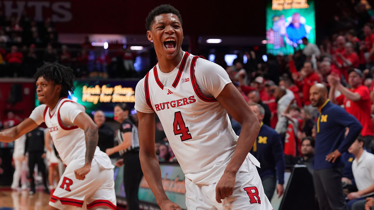 PISCATAWAY, NJ - FEBRUARY 01: Ace Bailey #4 of the Rutgers Scarlet Knights reacts during the first half of the game against the Michigan Wolverines on February 1, 2025 at Jersey Mikes Arena in Piscataway, New Jersey. Photo by Rich Graessle/Icon Sportswire via Getty Images)