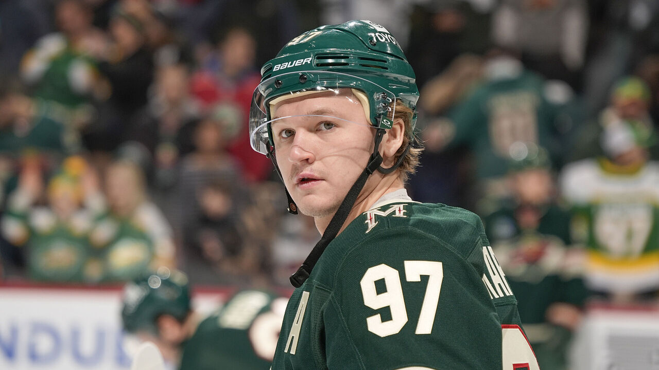 SAINT PAUL, MN - JANUARY 23: Kirill Kaprizov #97 of the Minnesota Wild warms up prior to the game against the Utah Hockey Club at the Xcel Energy Center on January 23, 2025 in Saint Paul, Minnesota.