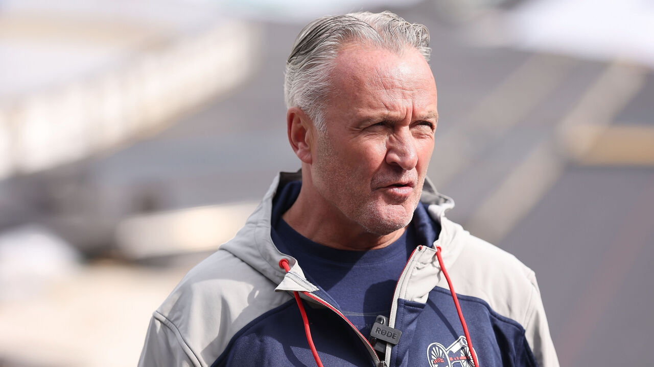 COLUMBUS, OHIO - FEBRUARY 24: Head coach Dean Evason of the Columbus Blue Jackets talks to members of the media while visiting Ohio Stadium ahead of the 2025 Navy Federal Credit Union NHL Stadium Series game on February 24, 2025 in Columbus, Ohio.