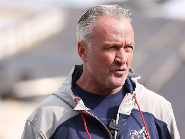 COLUMBUS, OHIO - FEBRUARY 24: Head coach Dean Evason of the Columbus Blue Jackets talks to members of the media while visiting Ohio Stadium ahead of the 2025 Navy Federal Credit Union NHL Stadium Series game on February 24, 2025 in Columbus, Ohio.