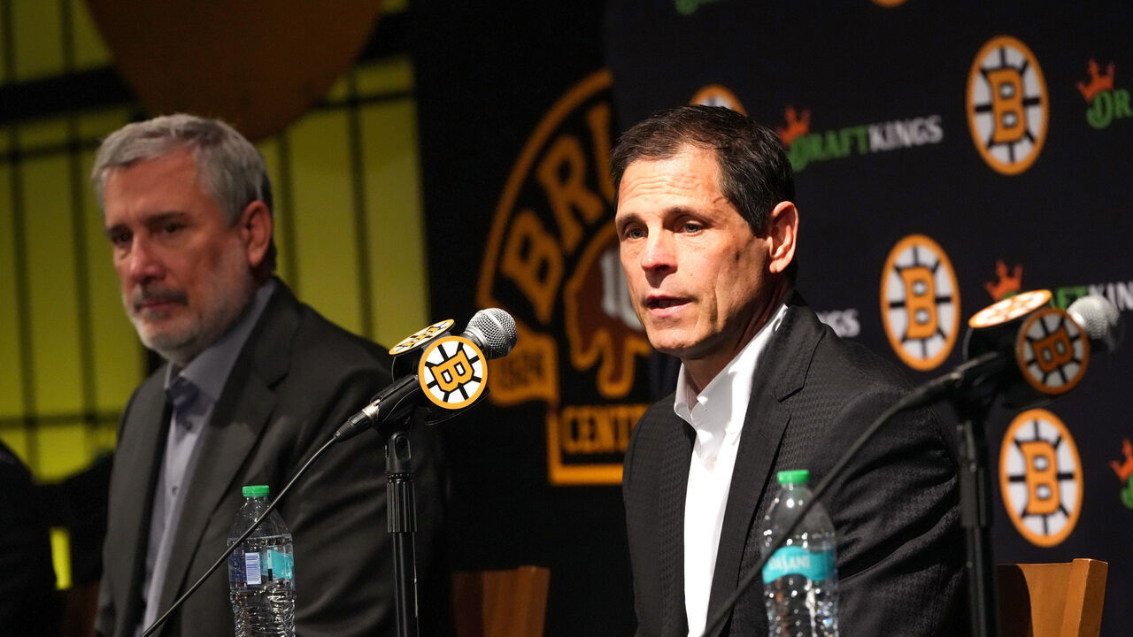 Boston, MA - May 22: Boston Bruins President Cam Neely and GM Don Sweeney during the team's end of season press conference at TD Garden.