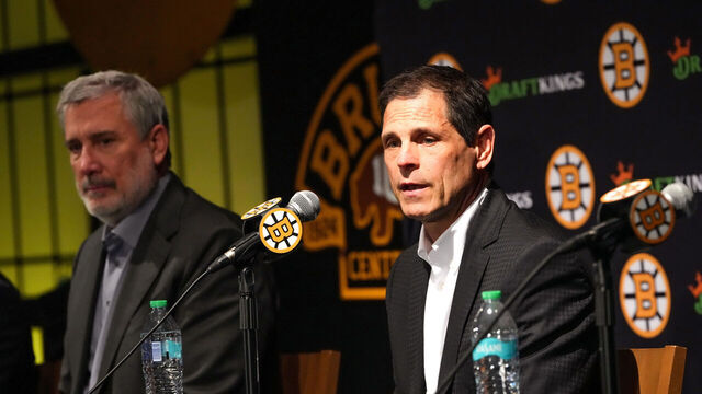 Boston, MA - May 22: Boston Bruins President Cam Neely and GM Don Sweeney during the team's end of season press conference at TD Garden.
