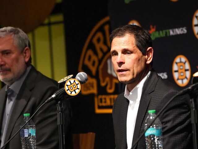 Boston, MA - May 22: Boston Bruins President Cam Neely and GM Don Sweeney during the team's end of season press conference at TD Garden.