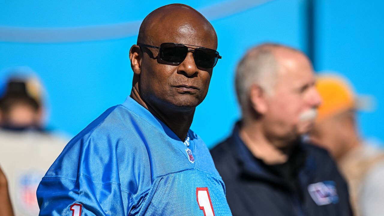 NASHVILLE, TN - OCTOBER 23: Former Houston Oilers quarterback Warren Moon watches warmups from the sidelines before the Tennessee Titans game versus the Indianapolis Colts on October 23, 2022, at Nissan Stadium in Nashville, TN.