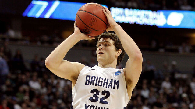DENVER, CO - MARCH 19: Jimmer Fredette #32 of the Brigham Young Cougars shoot against the Gonzaga Bulldogs during the third round of the 2011 NCAA men's basketball tournament at Pepsi Center on March 19, 2011 in Denver, Colorado.