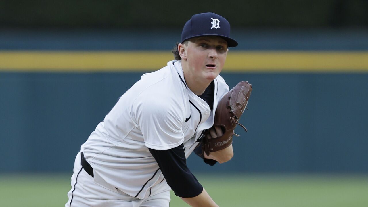 DETROIT, MI - APRIL 17: Reese Olson #45 of the Detroit Tigers tosses a warm pitch during the second inning of a game against the Kansas City Royals at Comerica Park on April 17, 2025 in Detroit, Michigan.
