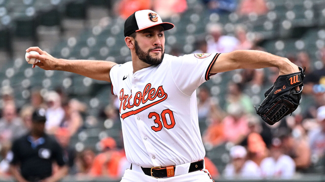 BALTIMORE, MARYLAND - JULY 31, 2024: Grayson Rodriguez #30 of the Baltimore Orioles throws a pitch during the first inning against the Toronto Blue Jays at Oriole Park at Camden Yards on July 31, 2024 in Baltimore, Maryland.