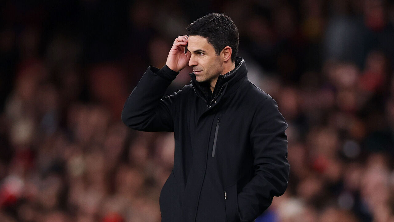 LONDON, ENGLAND - APRIL 23: Mikel Arteta, Manager of Arsenal, reacts during the Premier League match between Arsenal FC and Crystal Palace FC at Emirates Stadium on April 23, 2025 in London, England.