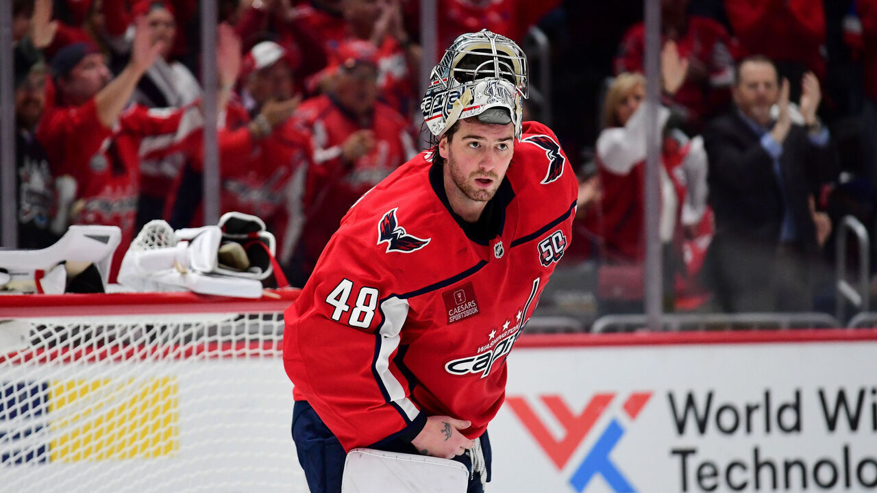 WASHINGTON, DC - APRIL 23: Capitals fans cheer after a save by goalie Logan Thompson (48) during game two of the first round of the Eastern Conference playoffs between the Montreal Canadiens and Washington Capitals National Hockey League game on April 23, 2025 at Capital One Arena in Washington, D.C..