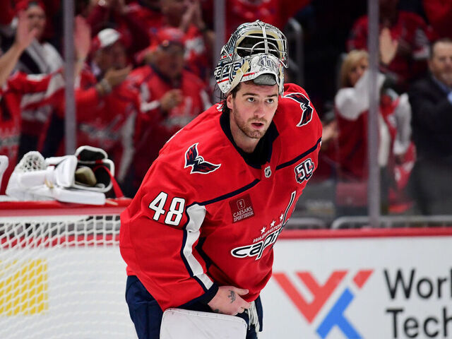 WASHINGTON, DC - APRIL 23: Capitals fans cheer after a save by goalie Logan Thompson (48) during game two of the first round of the Eastern Conference playoffs between the Montreal Canadiens and Washington Capitals National Hockey League game on April 23, 2025 at Capital One Arena in Washington, D.C..