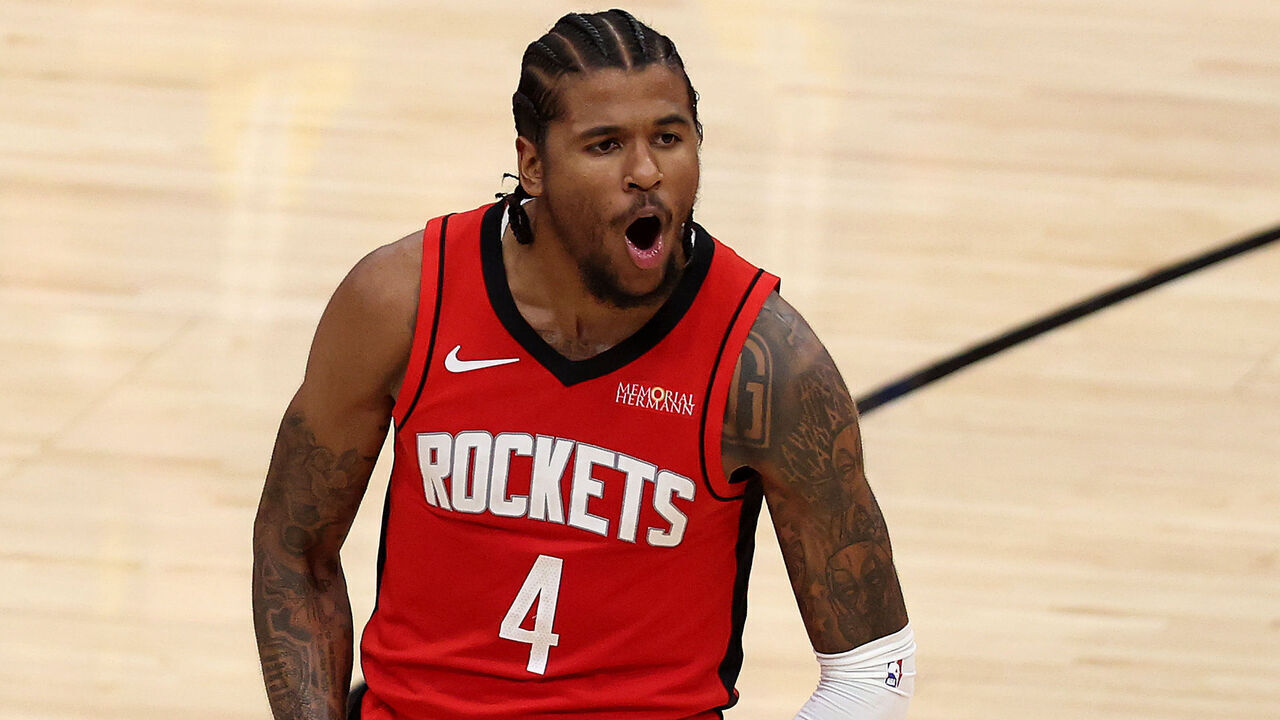 HOUSTON, TEXAS - APRIL 23: Jalen Green #4 of the Houston Rockets reacts against the Golden State Warriors during the fourth quarter in Game Two of the Western Conference First Round NBA Playoffs at Toyota Center on April 23, 2025 in Houston, Texas.