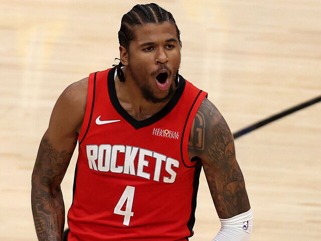HOUSTON, TEXAS - APRIL 23: Jalen Green #4 of the Houston Rockets reacts against the Golden State Warriors during the fourth quarter in Game Two of the Western Conference First Round NBA Playoffs at Toyota Center on April 23, 2025 in Houston, Texas.
