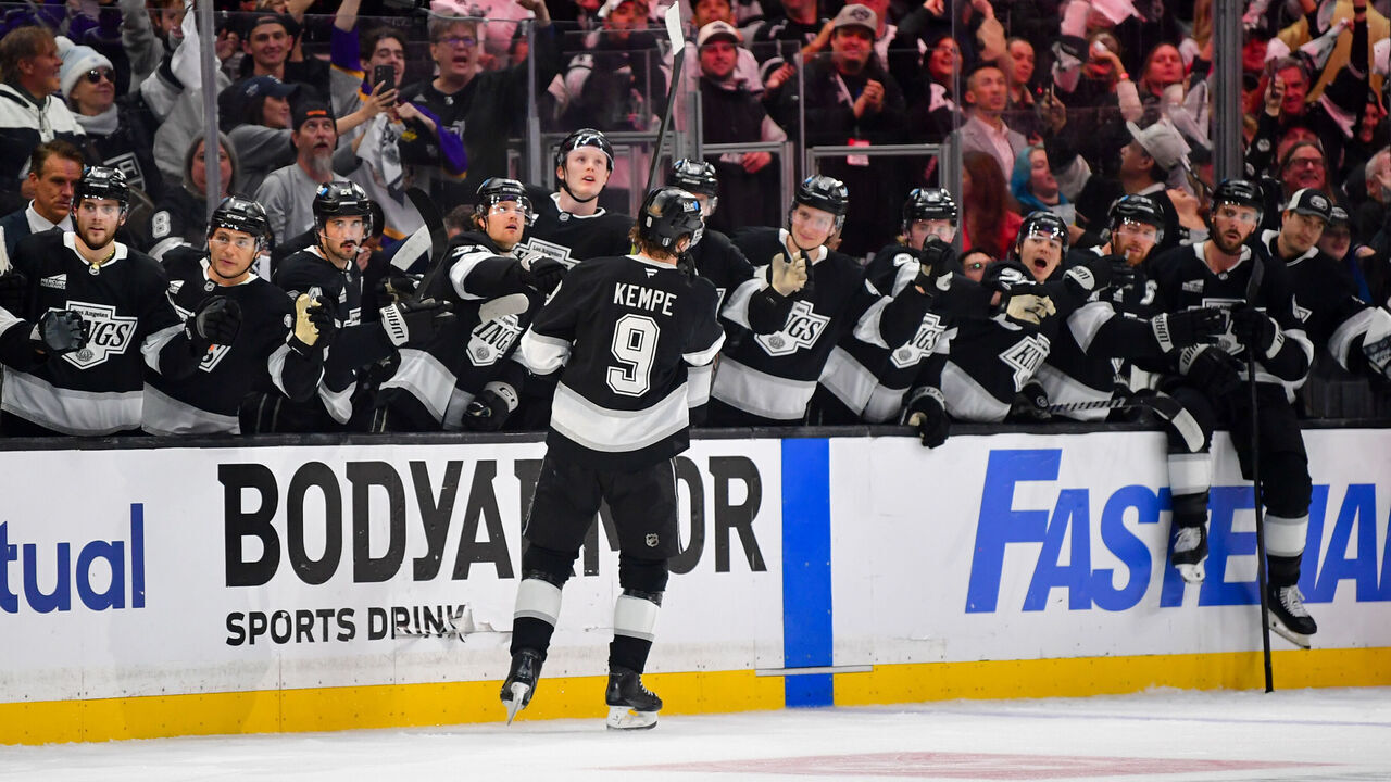 LOS ANGELES, CA - APRIL 23: Adrian Kempe #9 of the Los Angeles Kings celebrates his goal during the third period of Game Two of the First Round of the 2025 Stanley Cup Playoffs against the Edmonton Oilers at Crypto.com Arena on April 23, 2025 in Los Angeles, California.
